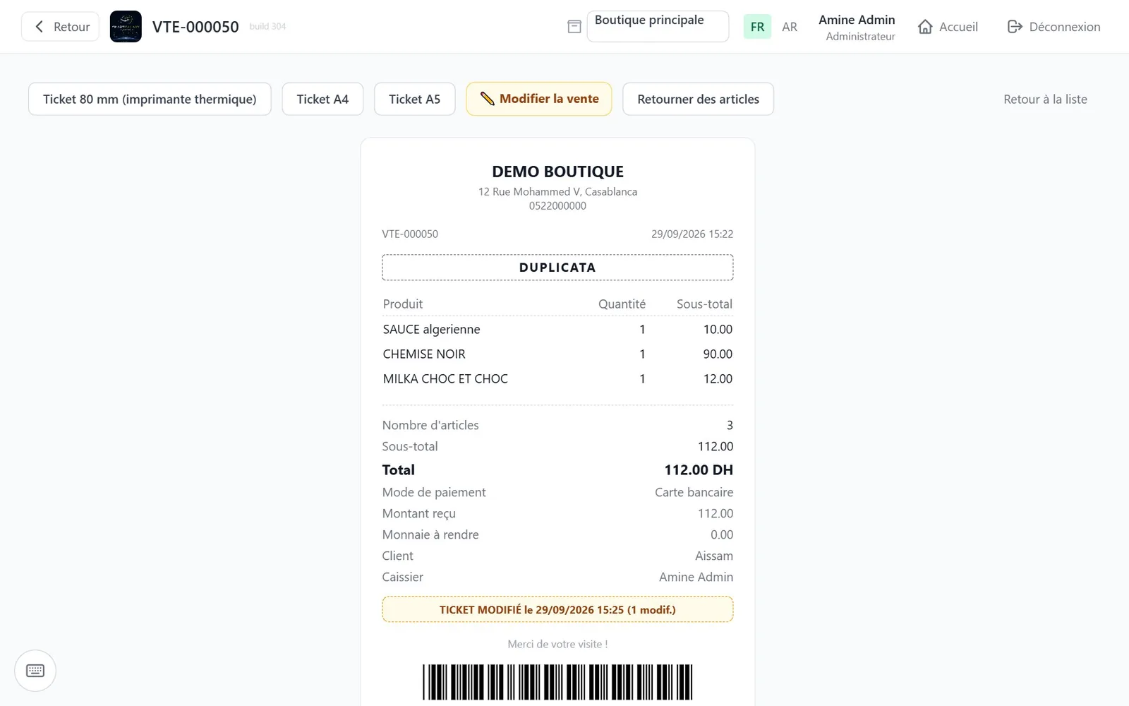 Ticket de vente avec ses formats d'impression